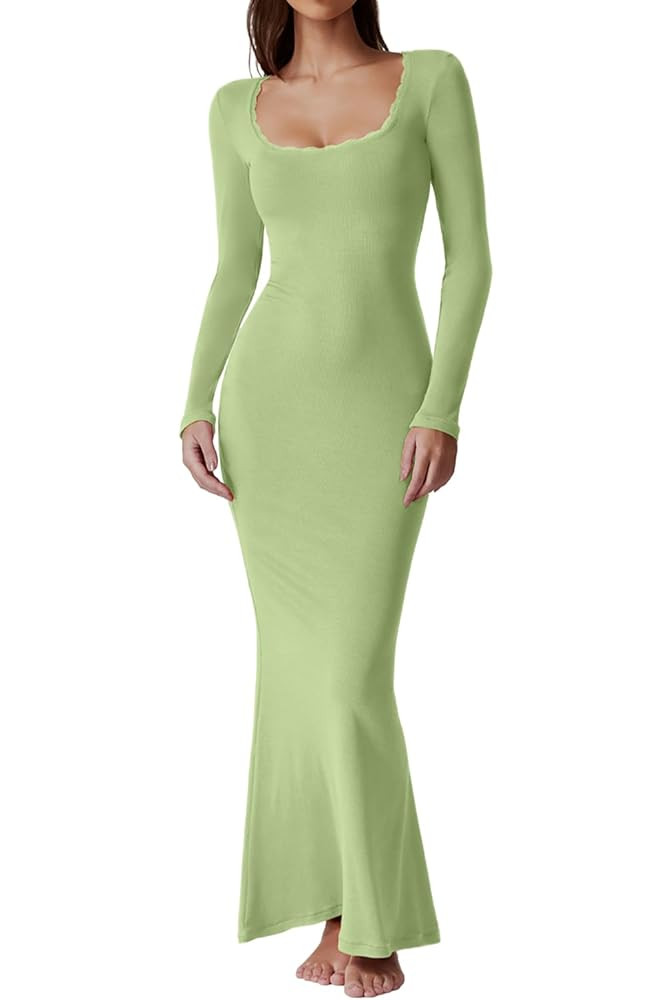 QINSEN Women's Ribbed Knit Long Sleeve Scoop Neck Maxi Dress with Lace Details Bodycon Dress | Amazon (US)