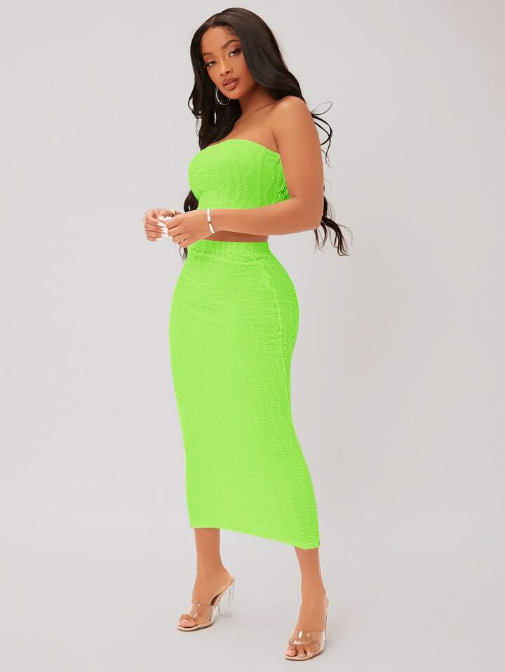 SHEIN SXY Neon Lime Textured Crop Tube Top & Pencil Skirt Set | SHEIN