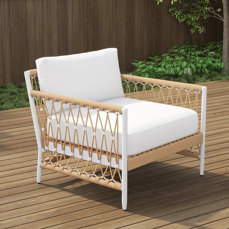 Ropipe Outdoor Armchair with Hand Woven Rope & White Polyester Cushion | Homary