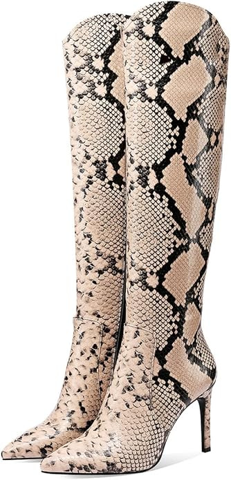 JIMISHOW Snakeskin Boots For Women Knee High Heels Stiletto Pointy snake skin Print Fashion Boots... | Amazon (US)