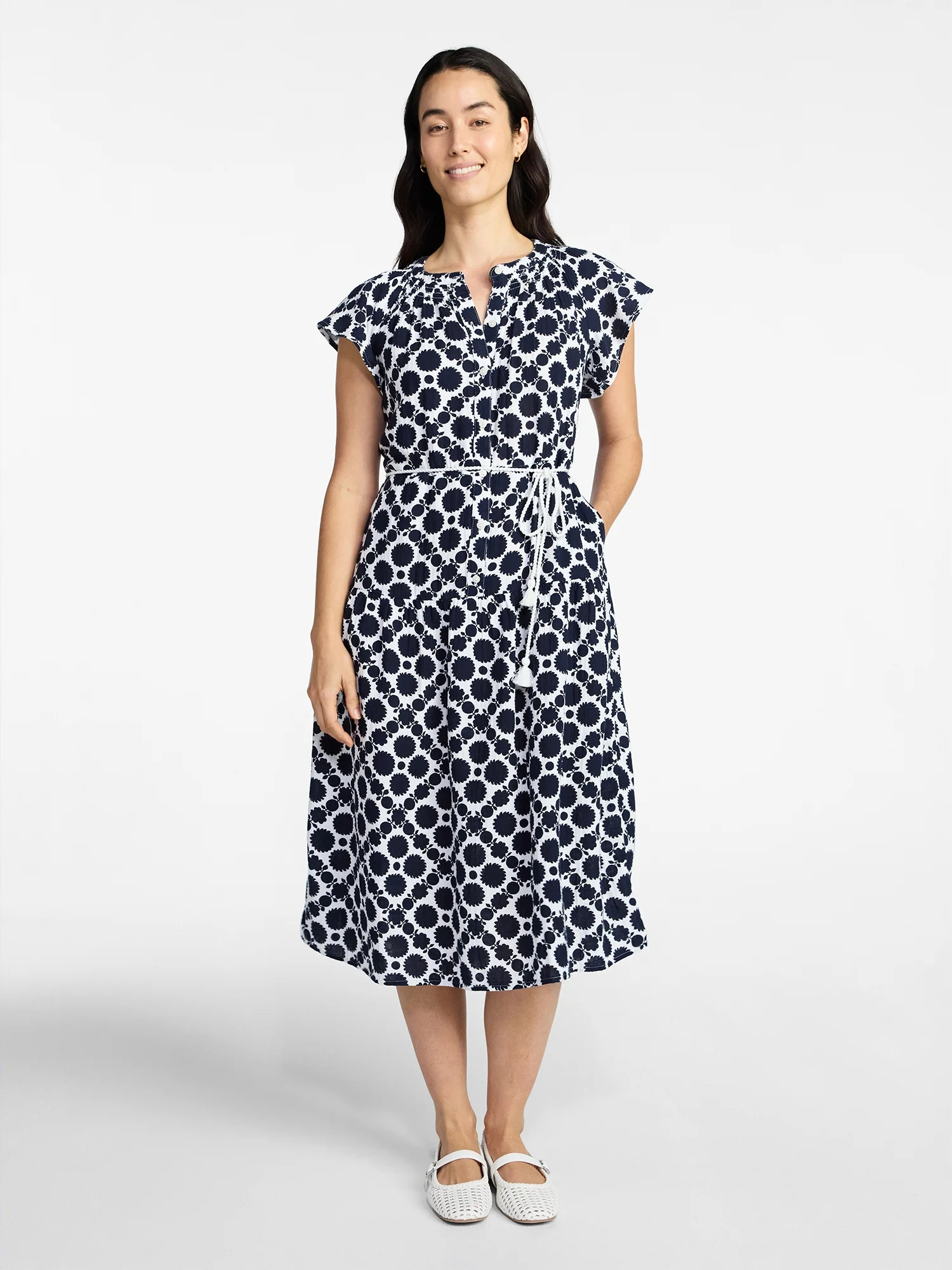 Time and Tru Women's Cotton Double Cloth Midi Dress with Short Flutter Sleeves, Sizes XS-XXXL | Walmart (US)