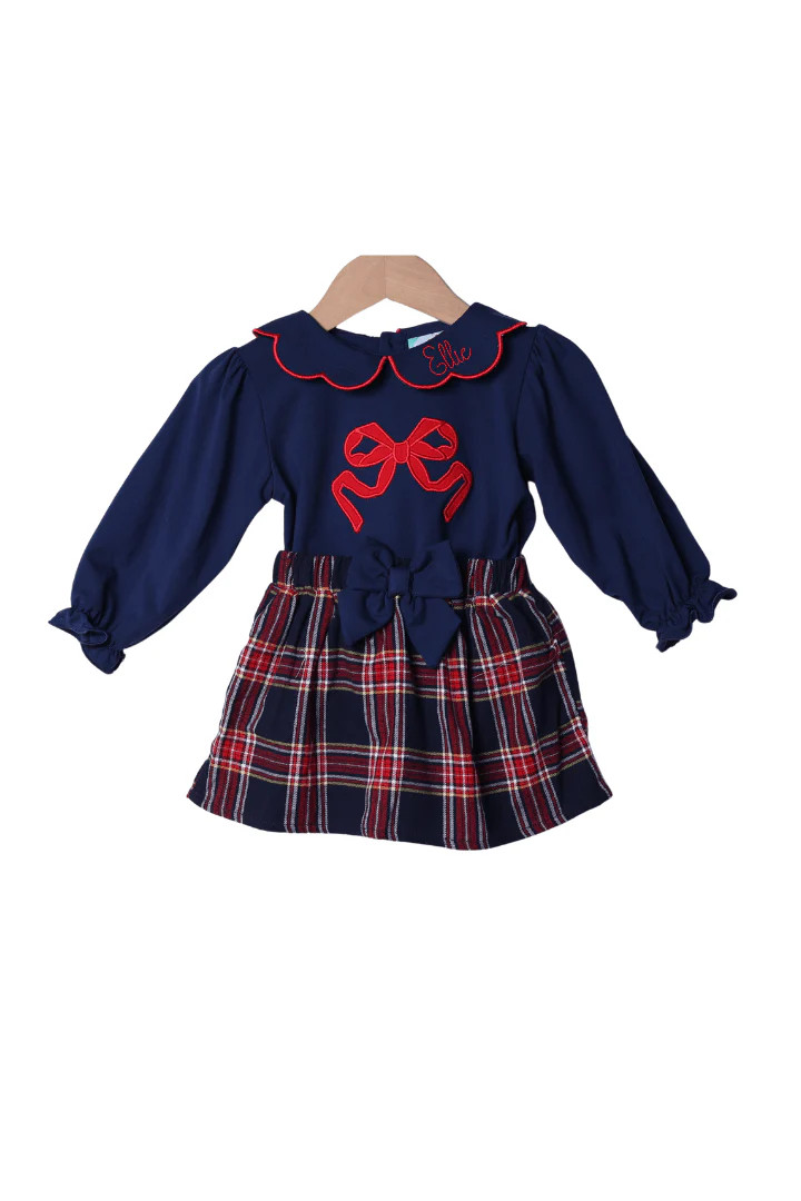 Christmas Navy Tartan Plaid Applique Bow Skort Set | The Smocked Flamingo