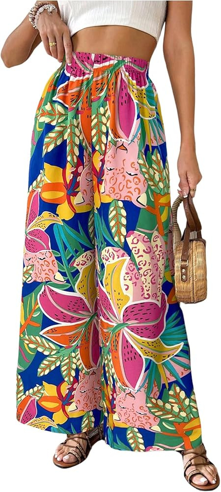 Verdusa Women's Hawaiian Tropical Beach Palazzo Pants Flowy Boho Summer Wide Leg Trousers | Amazon (US)