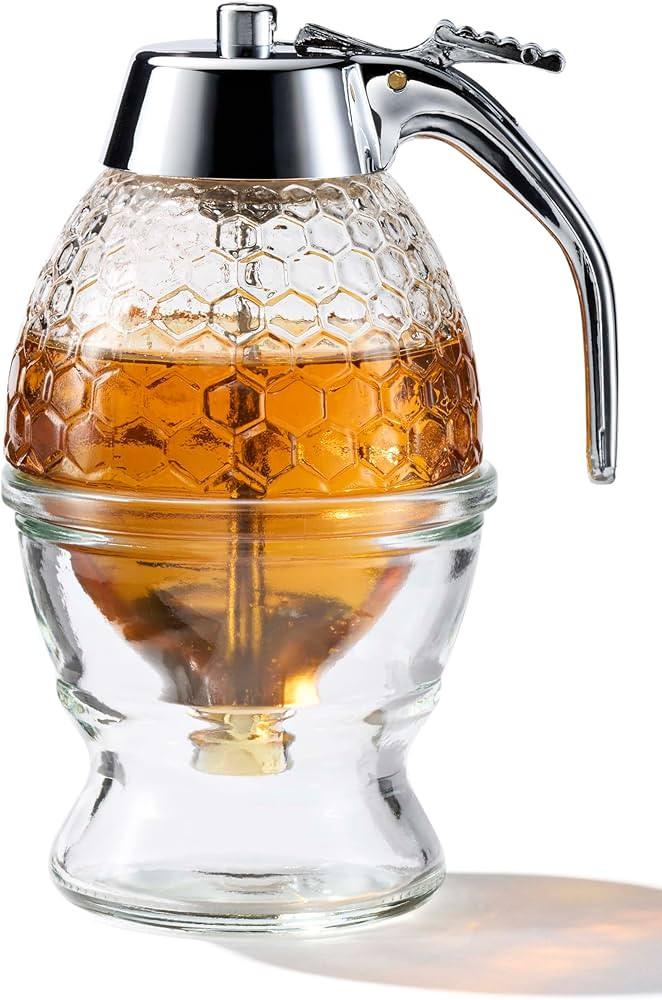 Glass Honey Dispenser –Stainless Steel Shaft & Chrome-Plated ABS Top, No-Drip Design, Sleek Sil... | Amazon (US)