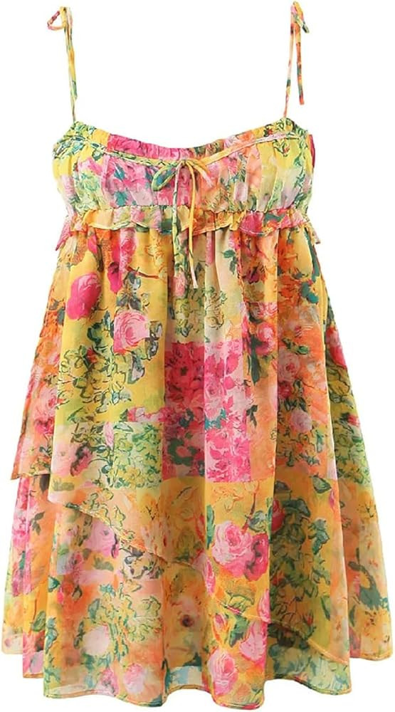 Women Boho Bow Corset Flower Print Spaghetti Strap Mini Dress Backless Skater Lacing Up Holiday R... | Amazon (US)