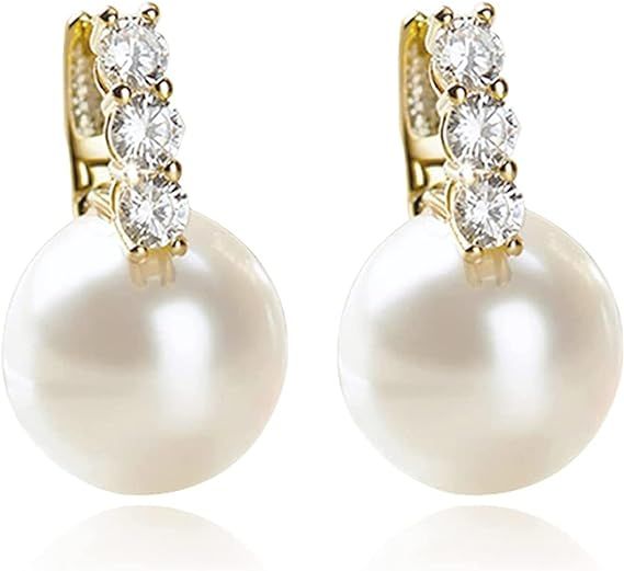 Kesaplan Pearl Earrings for Women Girls 14K Gold Plated Hypoallergenic Pearl Earrings 5A Cubic Zi... | Amazon (US)