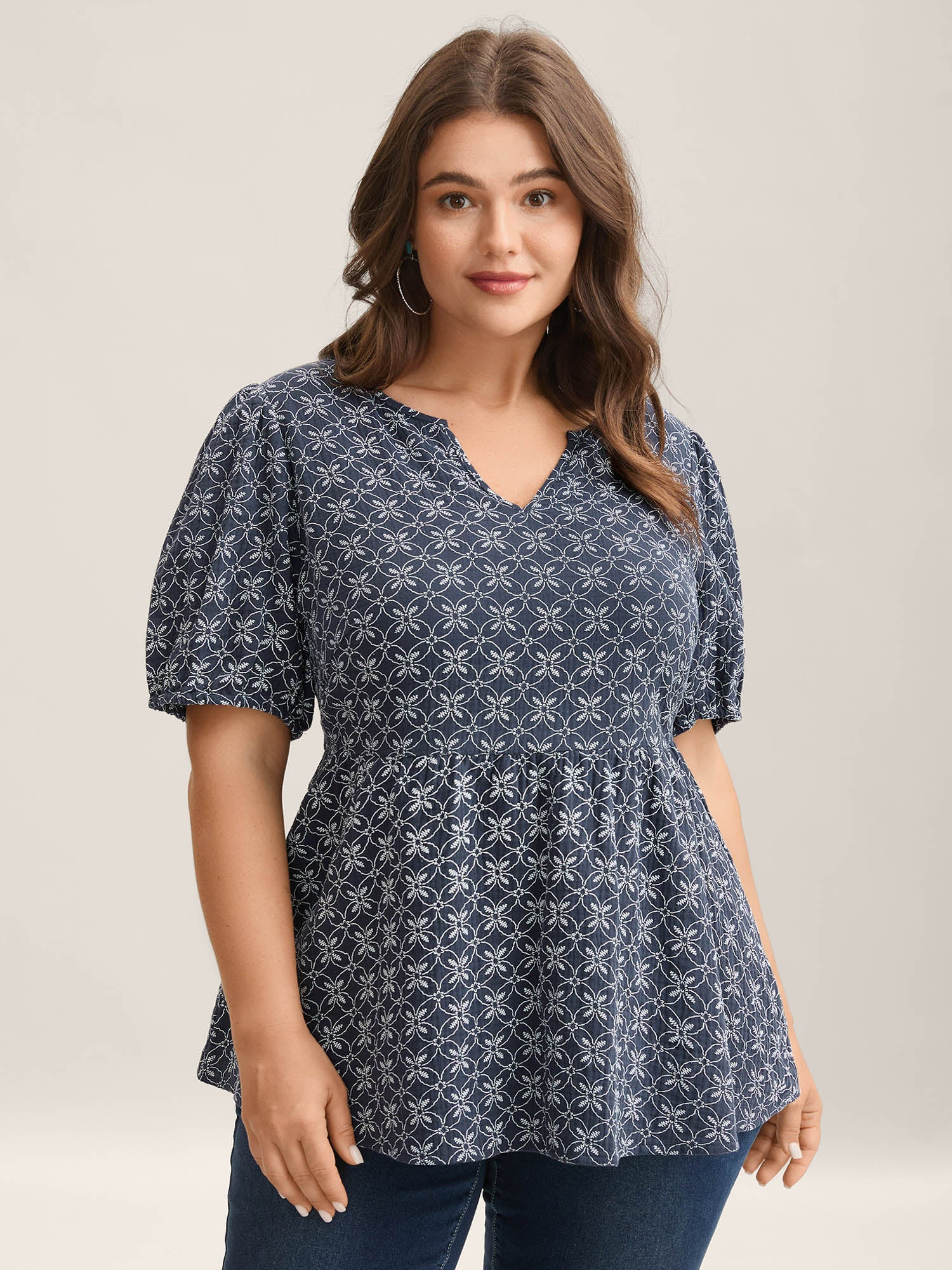 Cotton Geometric Print Puff Sleeve Babydoll Top | Bloomchic