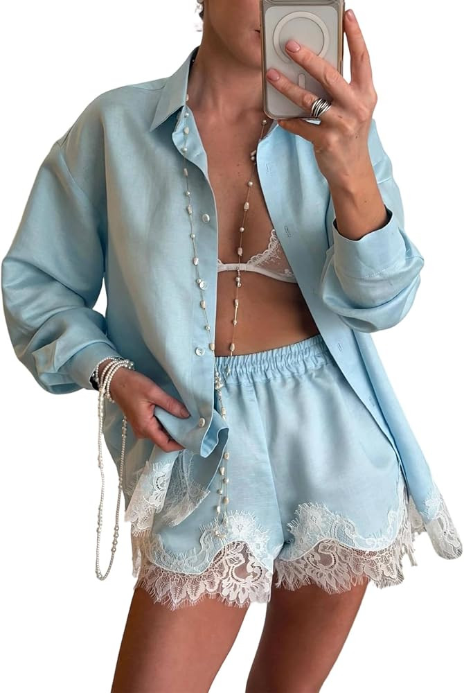 Women's Lace Trim 2 Piece Set Summer Long Sleeve Button Down Shirt Matching Elastic Waist Shorts ... | Amazon (US)