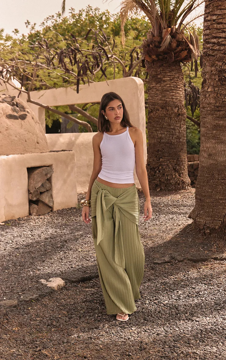 Sage Khaki Textured Woven Wrap Tie Trousers | PrettyLittleThing US