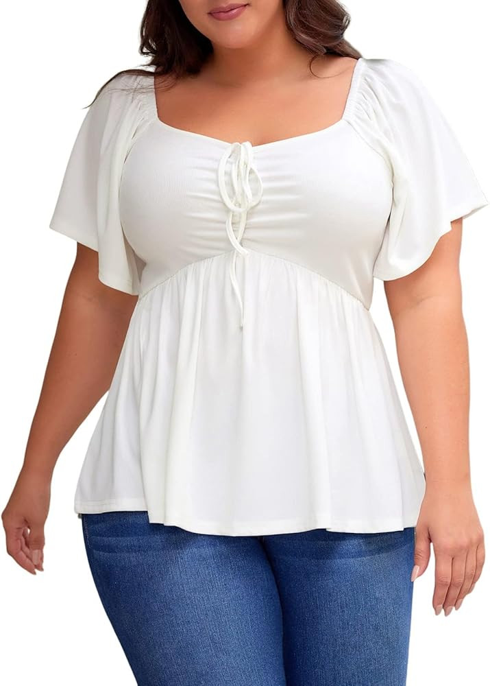 Amazon.com: Eytino Womens Plus Size Tops Sweetheart Neck Short Sleeve Shirred Peplum Blouse Shirt... | Amazon (US)