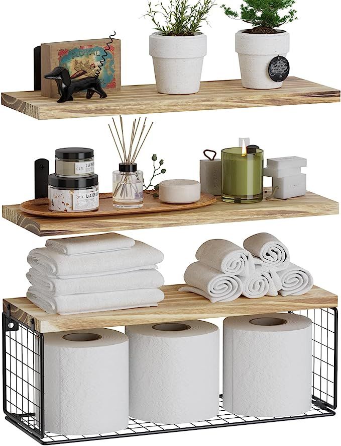 WOPITUES Bathroom Shelves Over Toilet, Floating Bathroom Shelves Wall Mounted with Wire Basket, W... | Amazon (US)