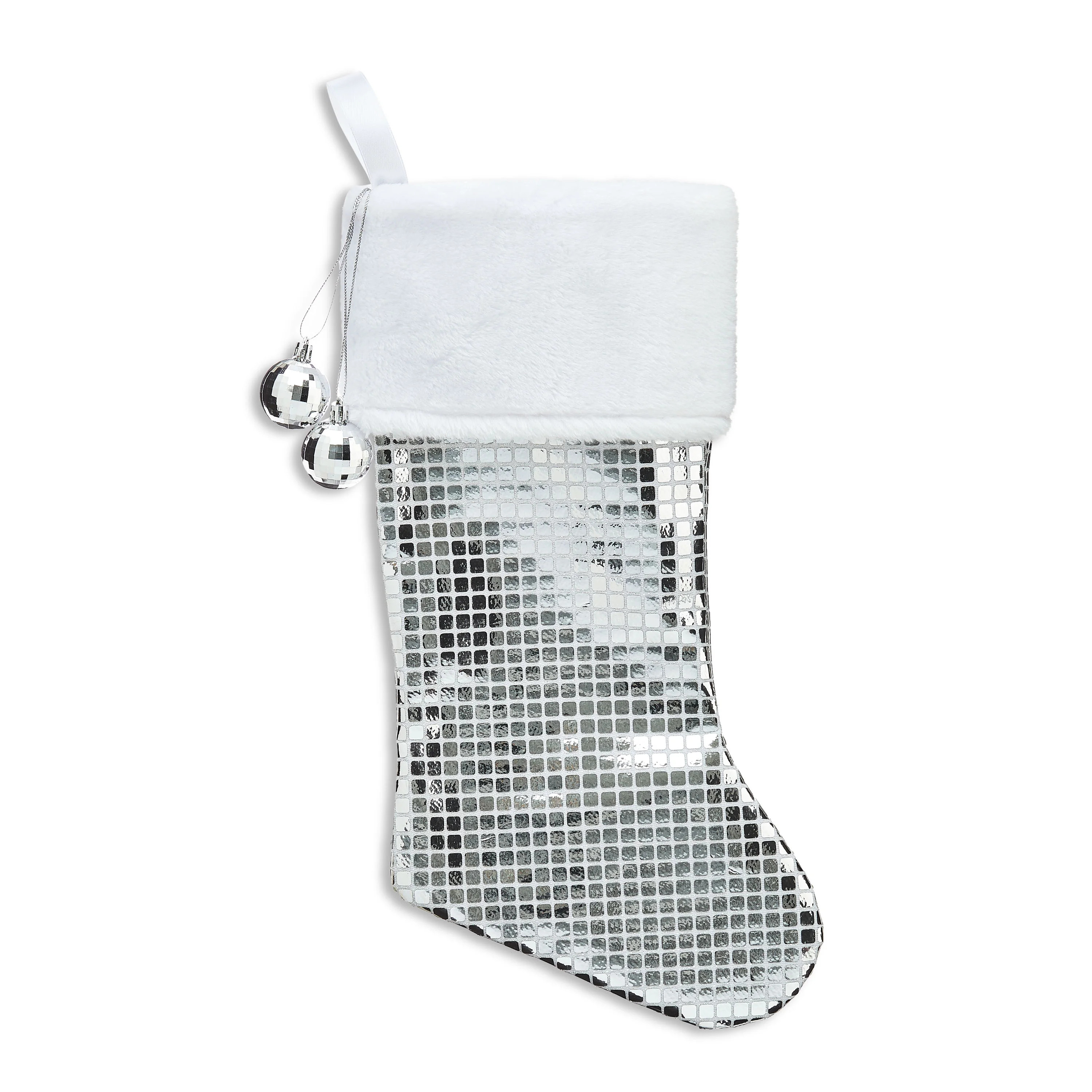 HOLIDAY TIME SILVER DISCO STOCKING WITH BALLS | Walmart (US)