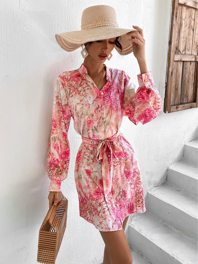 Drop Shoulder Tie Dye Floral Print Belted Shirt Dress | SHEIN