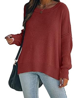 Kevavo Women Boat Neck Batwing Sleeve Oversized Side Slit Ribbed Knit Pullover Sweater Top | Amazon (US)