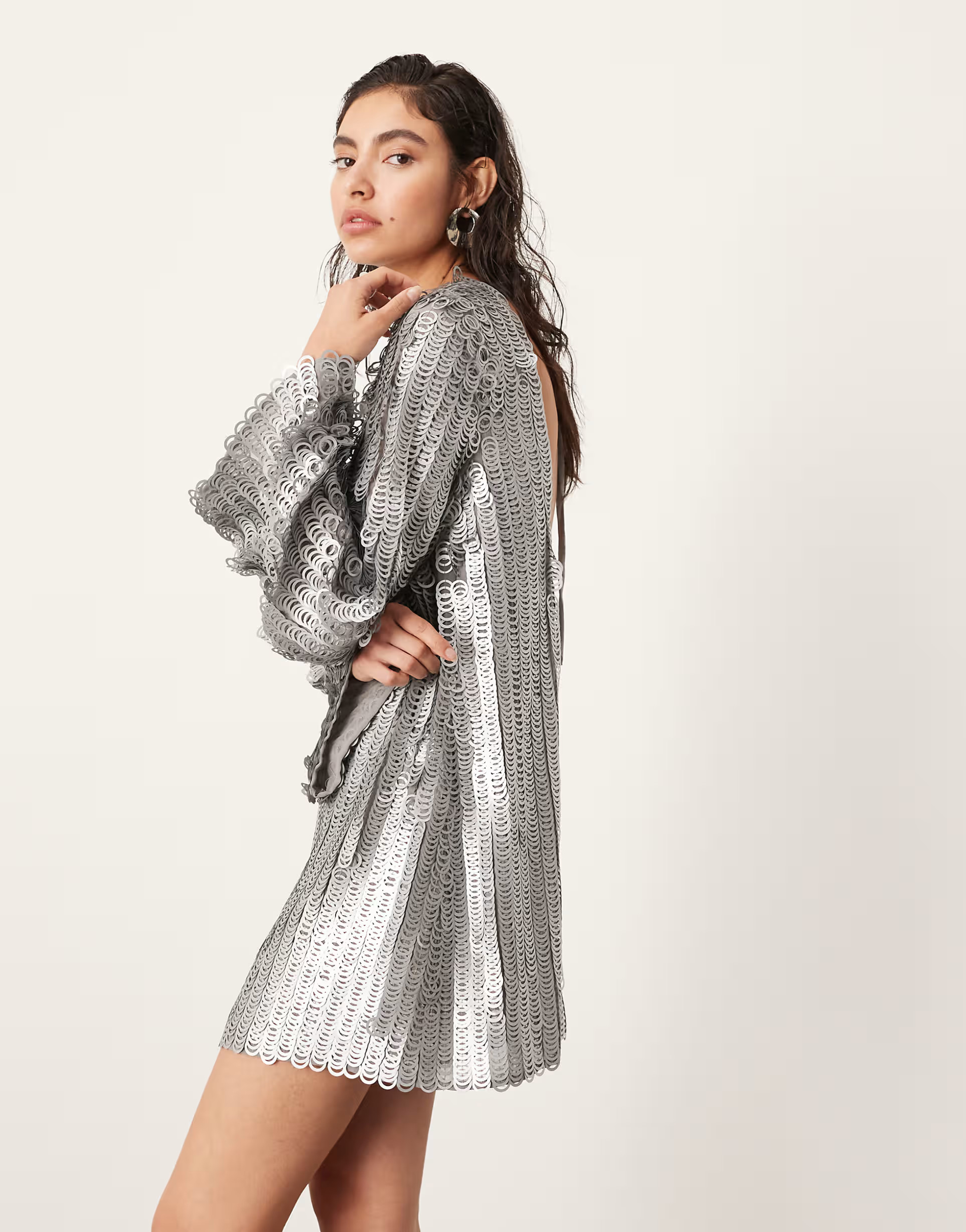 ASOS EDITION embellished ring sequin mini dress with scoop back in silver | ASOS (Global)