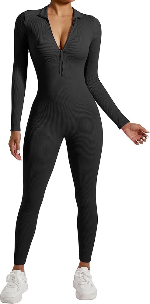 OMKAGI Women Long Sleeve Zip Front One Piece Jumpsuits Ribbed High Neck Workout Yoga Romper | Amazon (US)