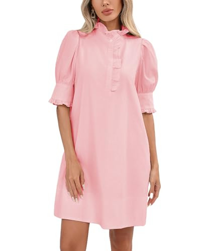 YEXPINE Women's Puff Short Sleeve Stand Ruffle Collar Summer Dress Casual A Line Shift Mini Dress with Pockets Light Pink | Amazon (US)