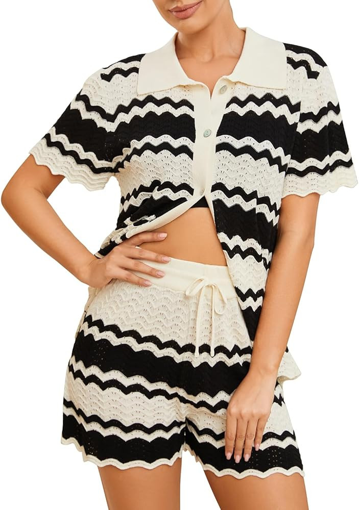 Moreone 2 Piece Lounge Set Women Short Sleeve Striped Crochet Knit Sets Two Piece Button Up Pajam... | Amazon (US)