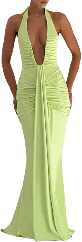 Women's Sexy Deep V-Neck Maxi Dress Sleeveless Halter Ruched Bodycon Formal Cocktail Party Evenin... | Amazon (US)