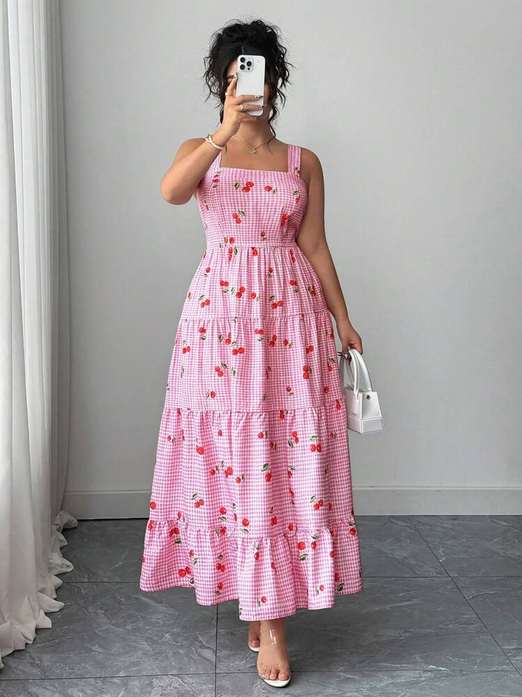 Elenzga Plus Size Casual Vacation Sweet Plaid Cherry Pattern Camisole Dress | SHEIN