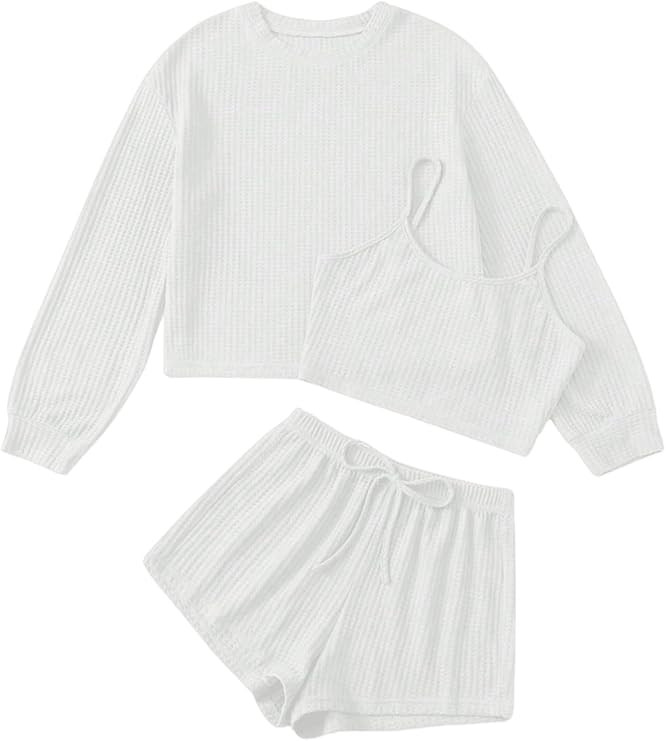 COZYEASE Women's 3 Piece Lounge Sets Ribbed Knit Cami Top Long Sleeve Tee Shirts and Shorts Pajam... | Amazon (US)