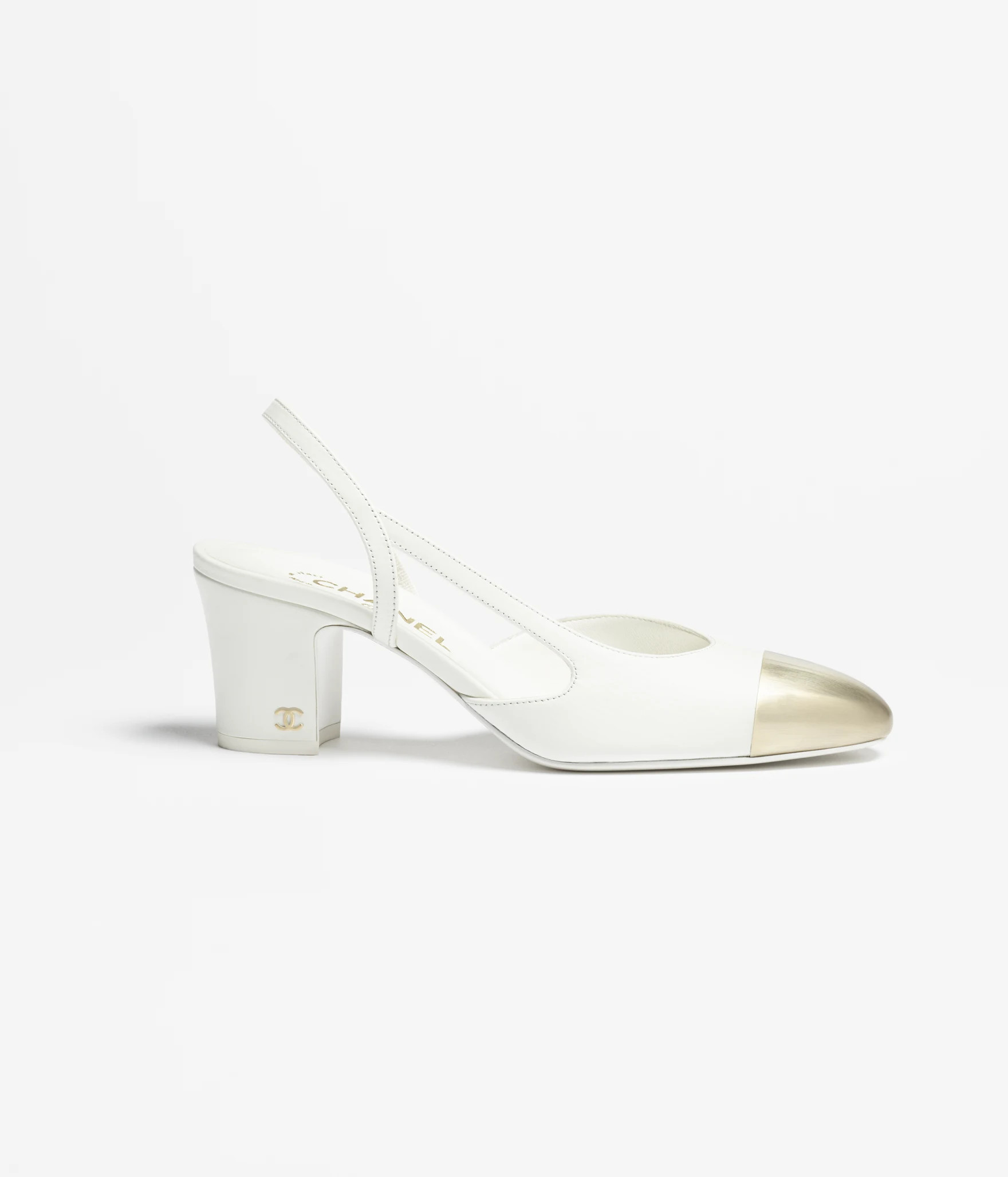 Slingbacks - Calfskin & metal, white & gold — Fashion | CHANEL | Chanel, Inc. (US)