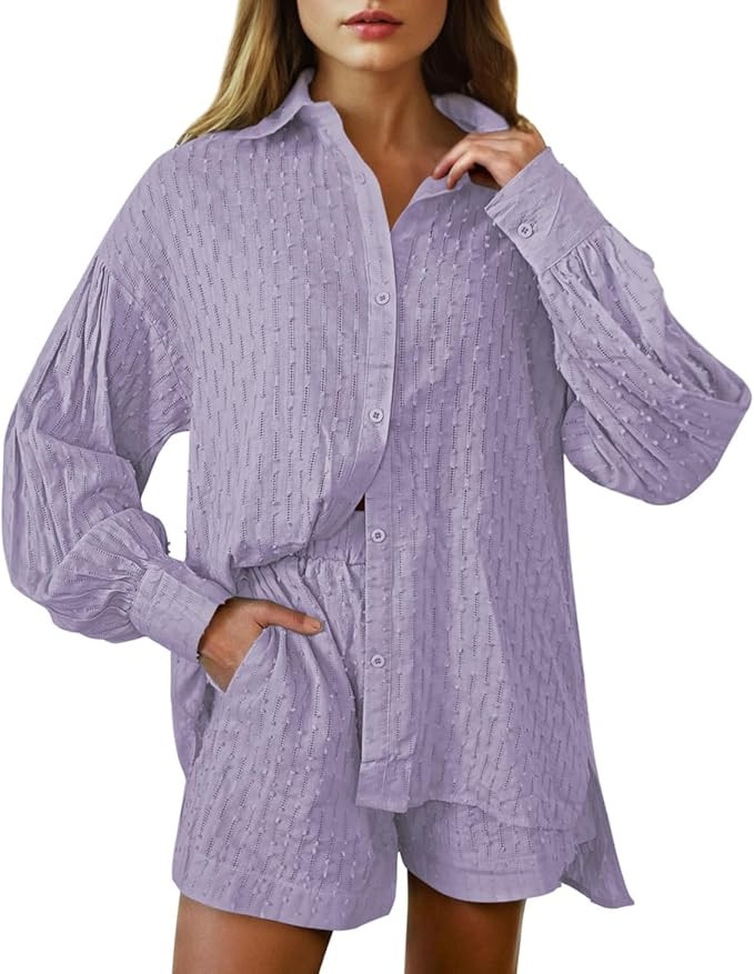 Women's 2 Piece Outfits Oversized Long Puff Sleeve Blouse Shirt High Waisted Side Pocket Shorts S... | Amazon (US)