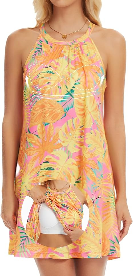 JOYSHAPER Built in Bra Summer Dress Casual Beach Sundress Flowy Halter Dress | Amazon (US)