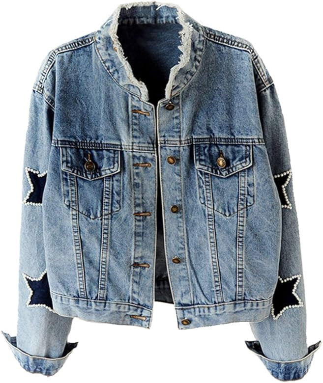 Women's Star Embroidered Rivet Pearl Denim Jacket Coat | Amazon (US)
