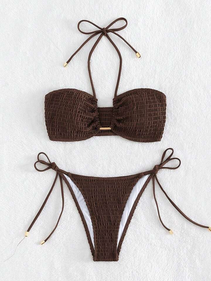 SHEIN Swim Summer Beach Shirred Bra & Tie Side Swim Bottom Bikini Bathing Suit | SHEIN