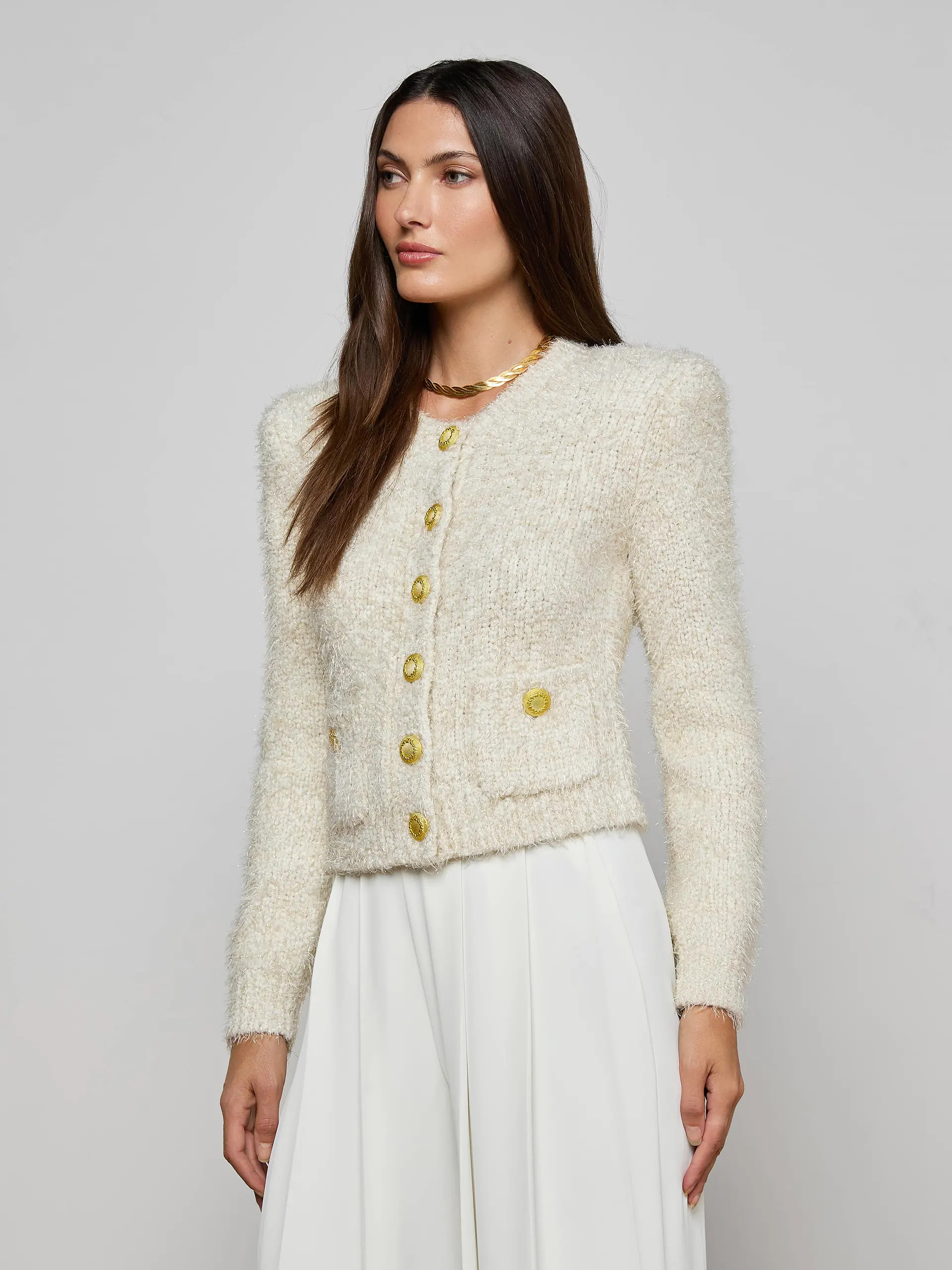 Una Knit Cardigan in Ivory/Gold Lurex Multi | L'AGENCE | L'Agence