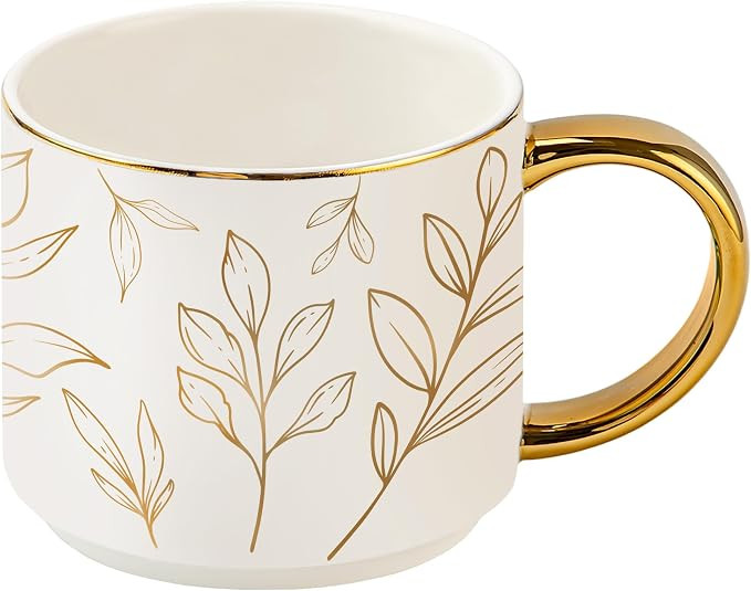 Sweet Water Decor Gold Leaves Mug with Gold Handle, 14oz Fine Bone China Coffee Cup for Tea, Latt... | Amazon (US)