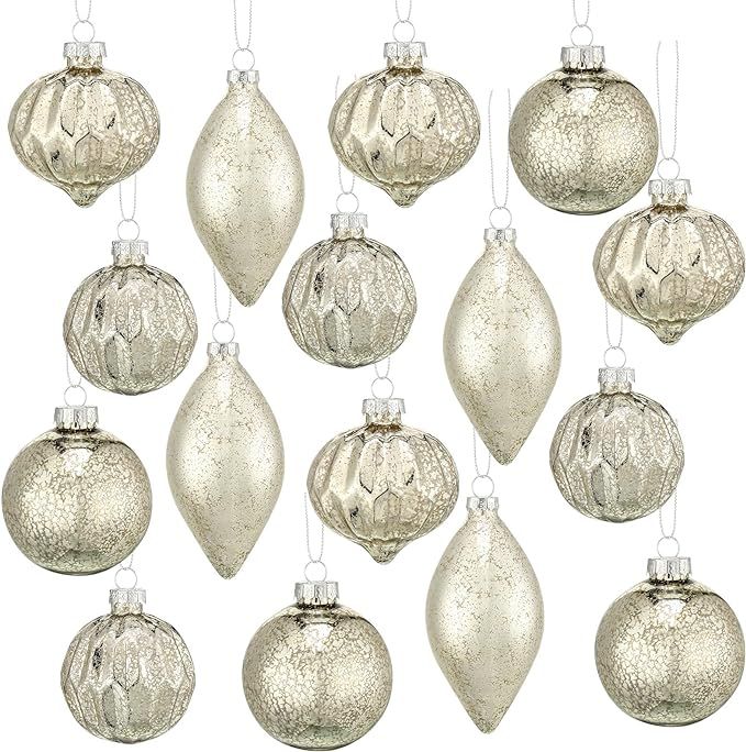 Layhit 16 Pcs Mercury Glass Christmas Ornaments Vintage Champagne Silver Hanging Christmas Balls ... | Amazon (US)