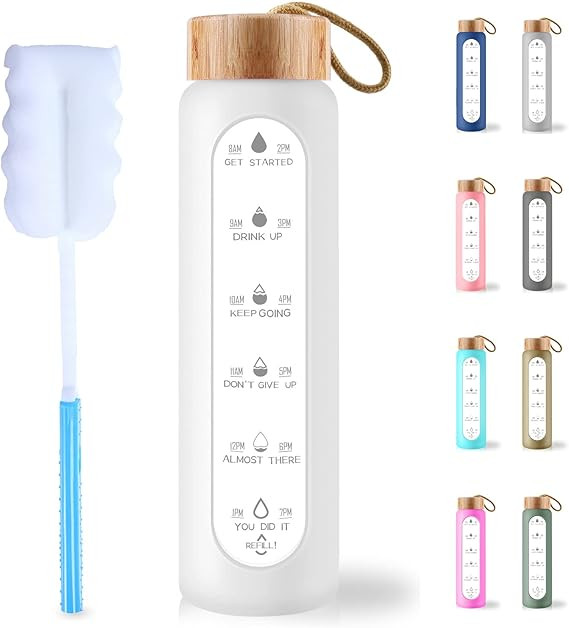 AQULEA 32 Oz Borosilicate Glass Water Bottle with Times to Drink - Wide Mouth BPA Free Glass Moti... | Amazon (US)