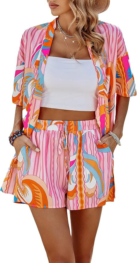 MakeMeChic Women's Boho 2 Piece Outfits Tropical Open Front Kimono Blouse and Shorts Set | Amazon (US)