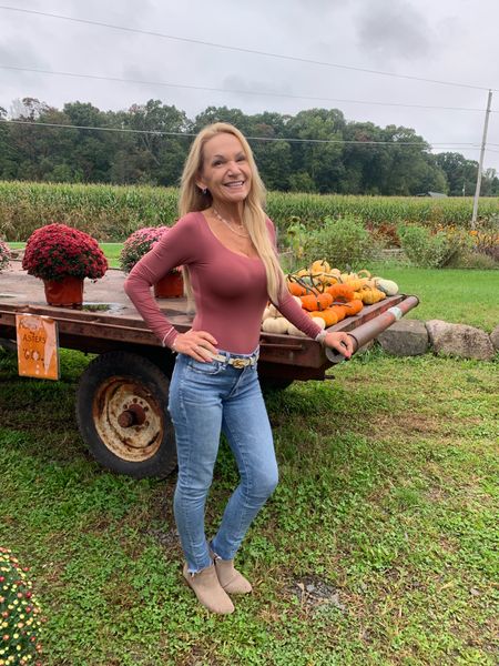 Fun day pumpkin shopping in some of my favorite fall basics. LOVE this buttery soft bodysuit and have it in multiple colors. The booties are from Lucky a few seasons back but I linked to something similar. 

#LTKover40