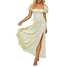 Women's Summer Puff Sleeve Floral Split Maxi Dress Flowy A Line Casual Beach Long Dresses | Amazon (US)