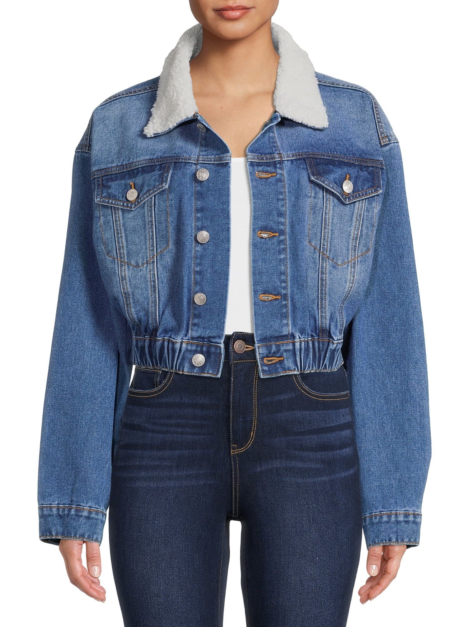 Madden NYC Women's and Junior's Cropped Denim Jacket with Faux Sherpa Collar - Walmart.com | Walmart (US)