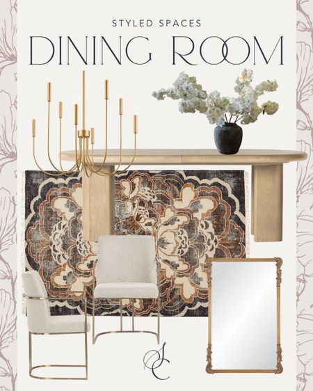 Dining Room | modern floral rug, oval wood dining table, gold glam velvet dining chairs, gold chandelier, vintage inspired wall mirror, faux florals, decor centerpiece 

#LTKsalealert #LTKstyletip #LTKhome