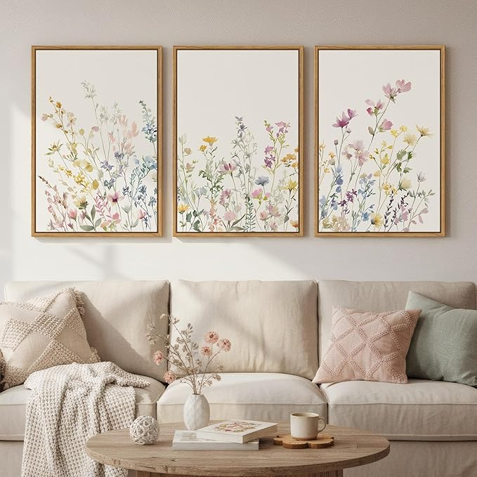 Framed Watercolor Wildflower Canvas Wall Art Set of 3, Large Botanical Floral Picture Print Paint... | Amazon (US)