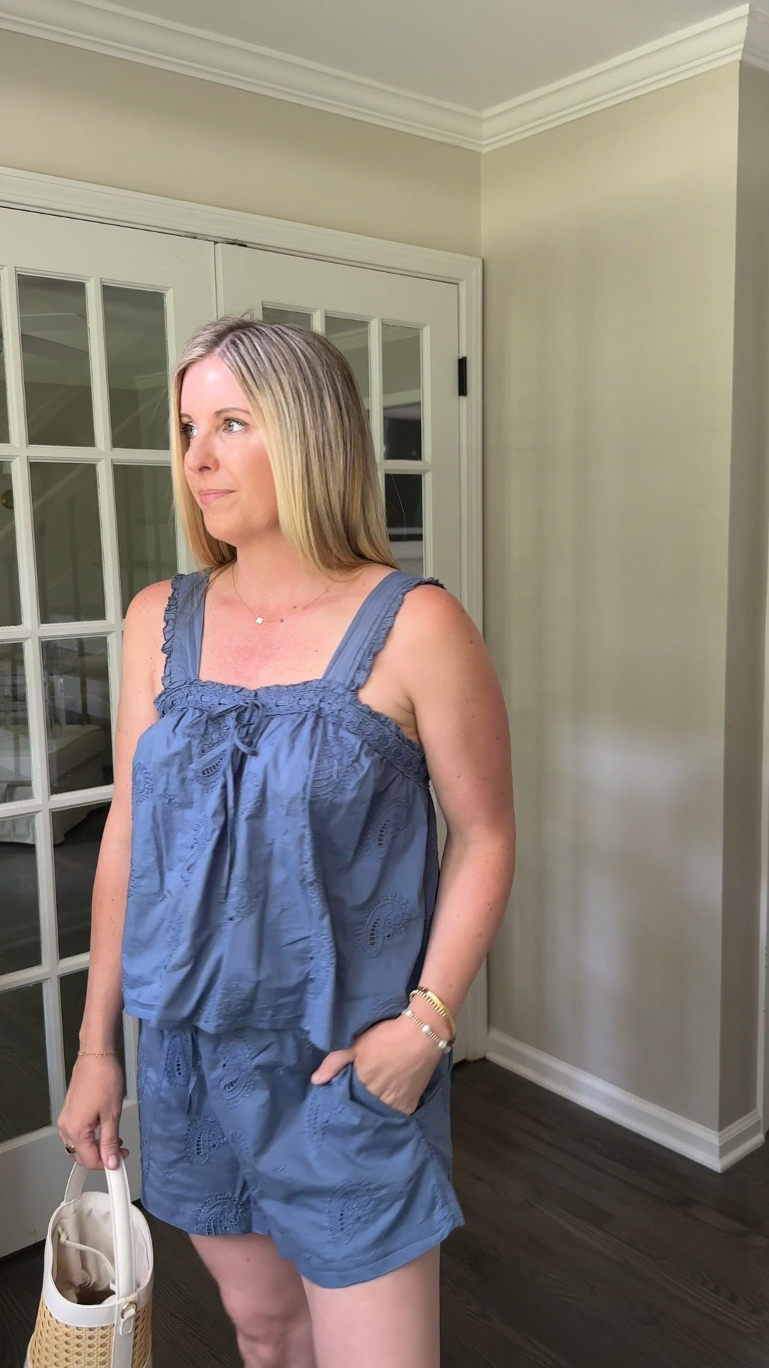Don't know what to wear?  This cute blue set is perfect together or as separates!  Bonus:  it's super affordable, has the sweetest eyelet detailing and will be so lightweight when it finally stops raining and warms up!

Target, matching set, Summer set