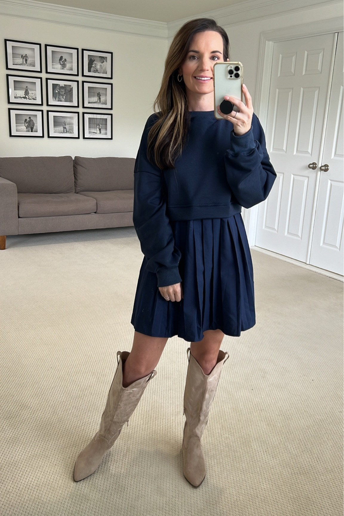 Amazon dress
SIZE DOWN! It runs big. 
Boots fit tts 
#fall #fallstyle #amazonfind #amazonfashion #pleated #sweatshirtdress #comfy #casualdress #westernboots #boots

#LTKfindsunder50