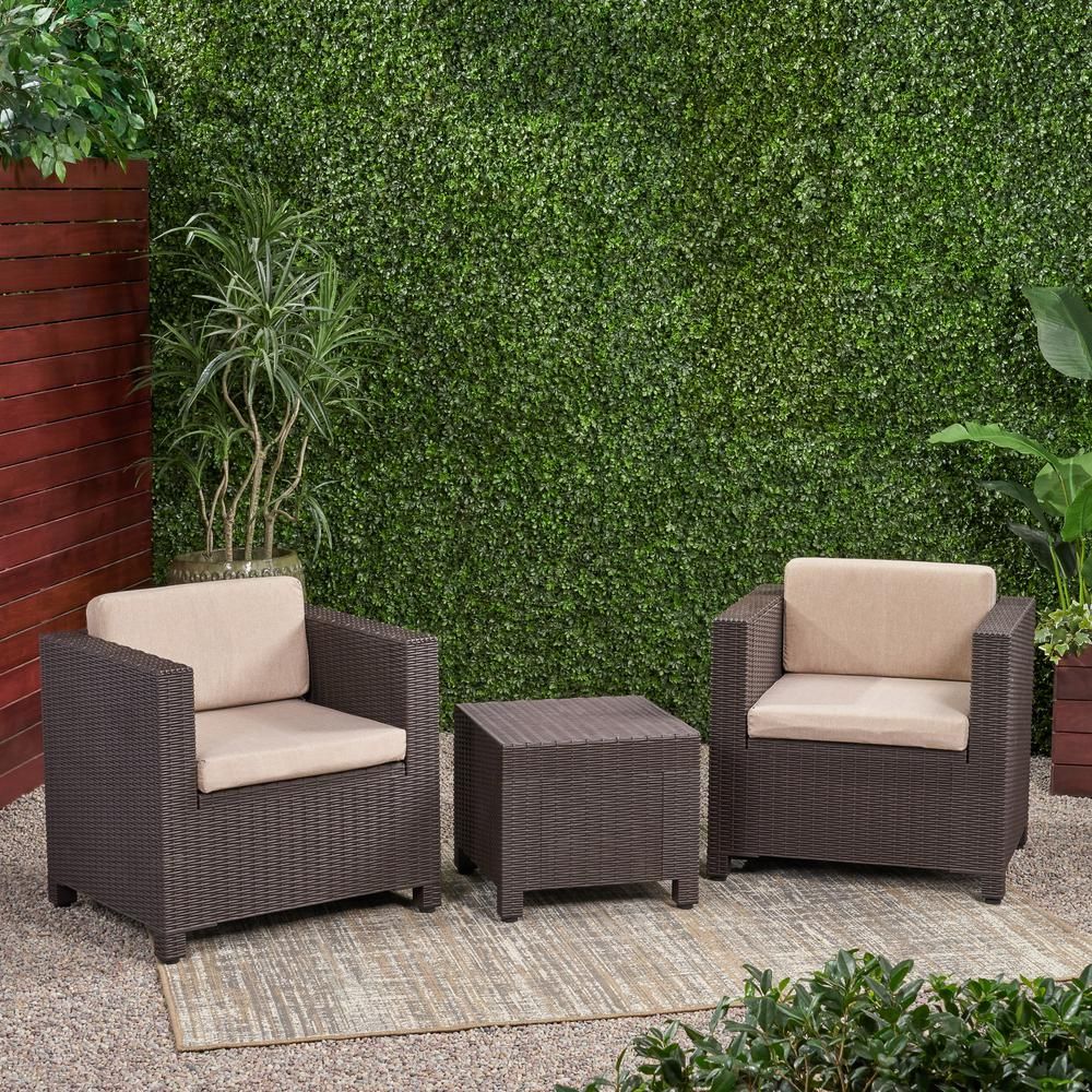 Noble House Waverly Dark Brown 3-Piece Faux Wicker Patio Conversation Seating Set with Beige Cushion | The Home Depot