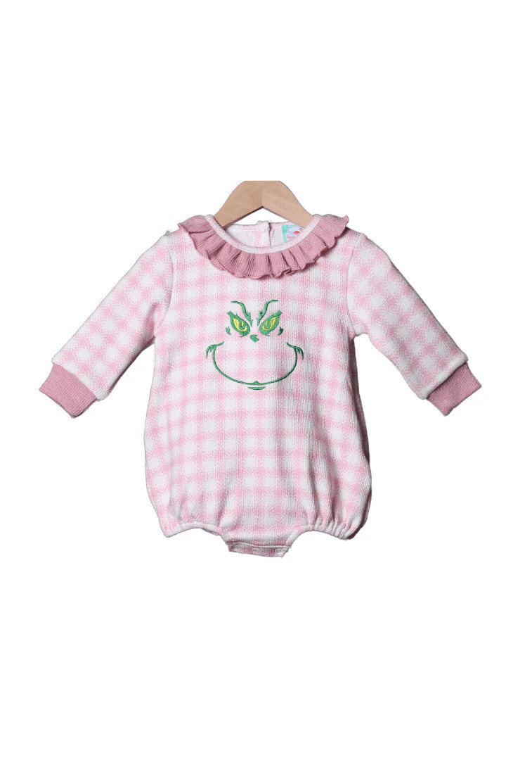 Embroidered Grouch Pink Gingham Cardigan Bubble | The Smocked Flamingo