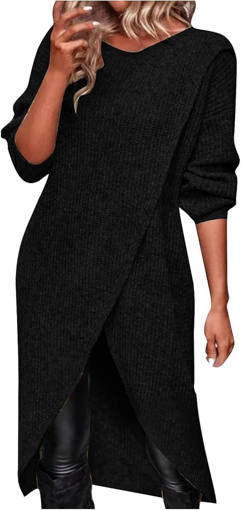 Womens Long Sweater Dress Trendy Casual Criss Cross Asymmetric Hem Front Slit Long Sleeve Crewnec... | Amazon (US)