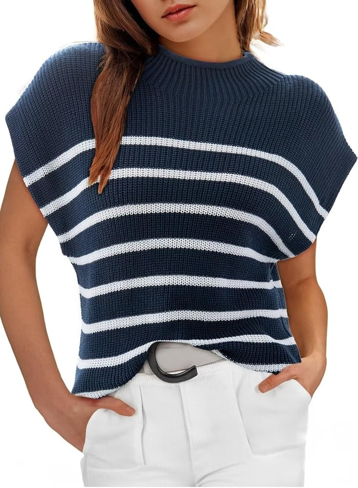 Dokotoo Women's Sweater Cap Sleeve Mock Neck Basic Loose Fit Ribbed Knit Pullover Striped Sweater... | Amazon (US)