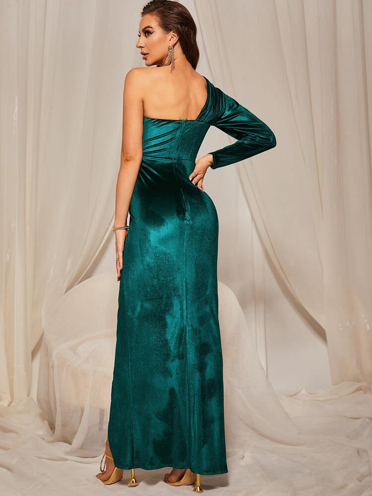Velvet One Shoulder Ruched Wrap Hem Dress | SHEIN