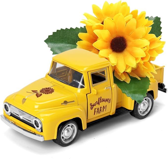 Huray Rayho Sunflower Metal Truck with Artificial Plastic Flower Yellow Vintage Farm Pickup Farmh... | Amazon (US)