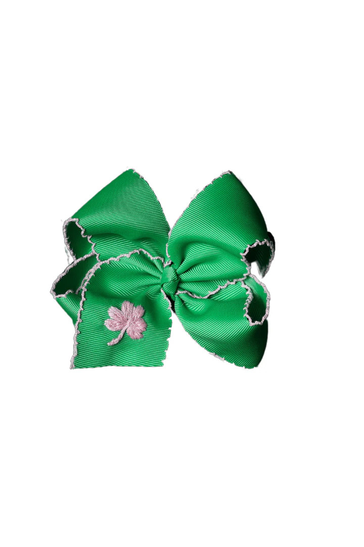 Embroidered Clover Scalloped Edge Grosgrain Bow Green/Pink | The Smocked Flamingo