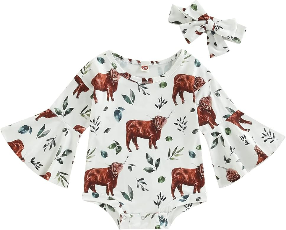 Lamuusaa Newborn Baby Girl Romper Flare Long Sleeve Cow Print Bodysuit One Piece Jumpsuit Headban... | Amazon (US)